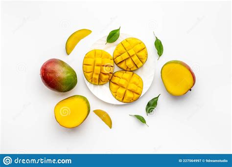 Plate Of Mango Fruits And Mango Cubes Tropical Breakfast Stock Image