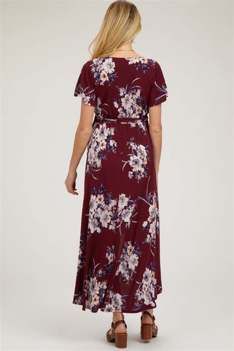 Burgundy Floral Print Wrap Front V Neck Hi Low Maternity Midi Dress