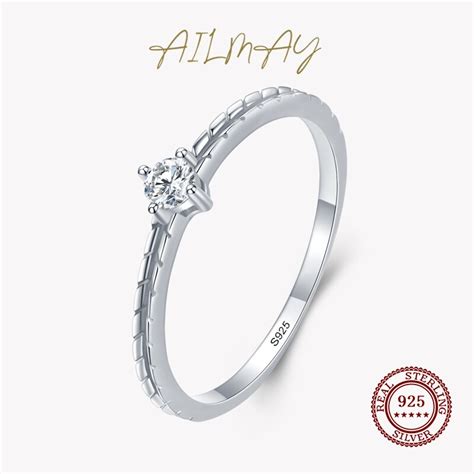 Ailmay Qualidade Superior Rea 925 Prata Esterlina Charme Claro Zircon Empilhável Anel De Dedo