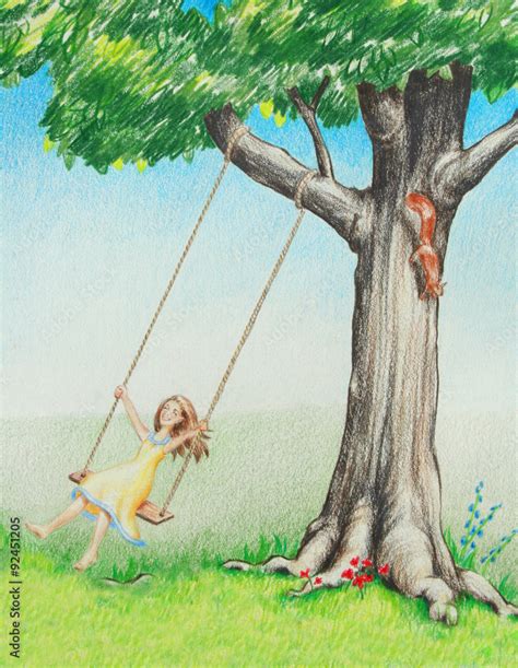 Young Female Girl On Tree Swing Enjoys Playing Outside In Summer And