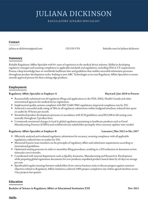 Regulatory Affairs Specialist Resume Cv Example And Writing Guide