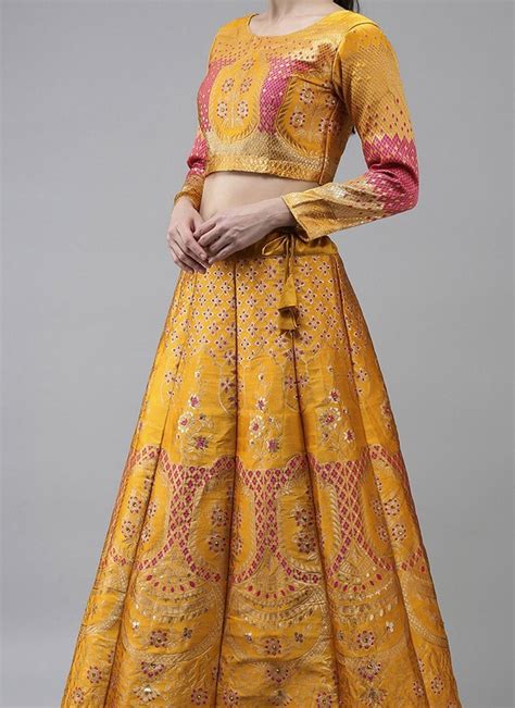 Shop Yellow Benarasi Silk Brocade A Line Lehenga With Pink Dupatta