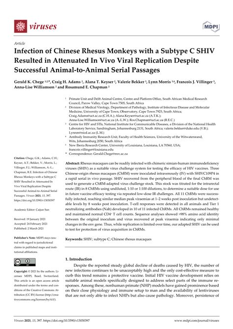 Pdf Infection Of Chinese Rhesus Monkeys With A Subtype C Shiv