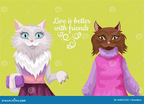 Cat In Human Clothes Girls Talk Vector Cartoon Illustration