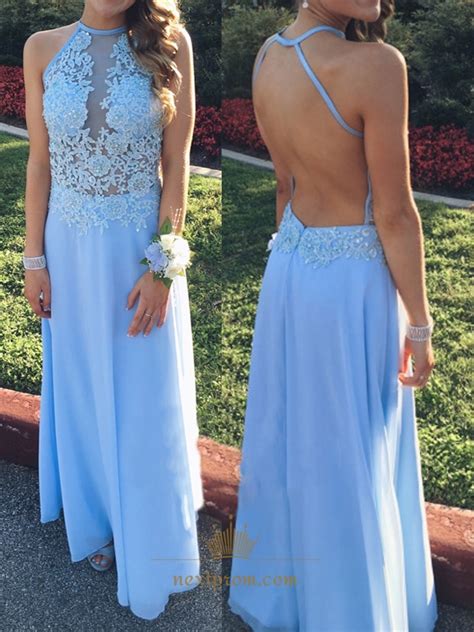 Light Blue Halter Illusion Applique Bodice Backless Chiffon Long Dress