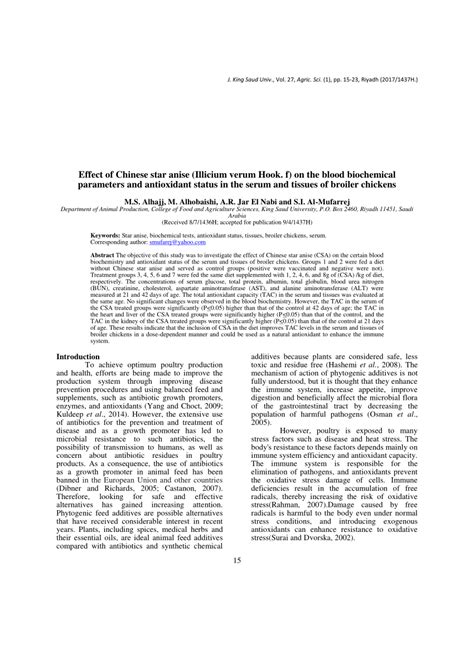 (PDF) Effect of Chinese star anise (Illicium verum Hook. f) on the blood biochemical parameters ...