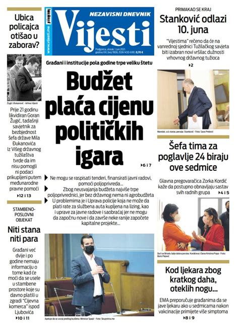 Naslovna strana "Vijesti" za 1. jun 2021.
