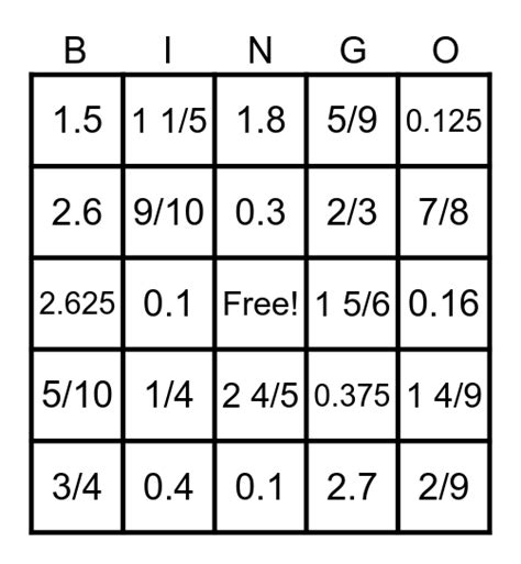 Fraction Decimal Bingo Card