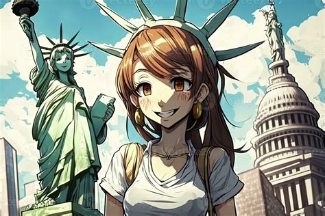 Beautiful anime manga girl in New York City Statue of Liberty ...