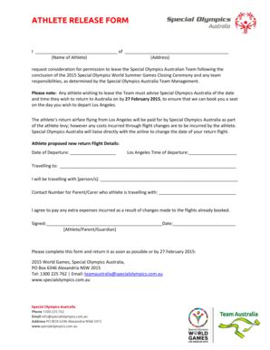 Fillable Online Athlete Release Form Special Olympics Australia Fax