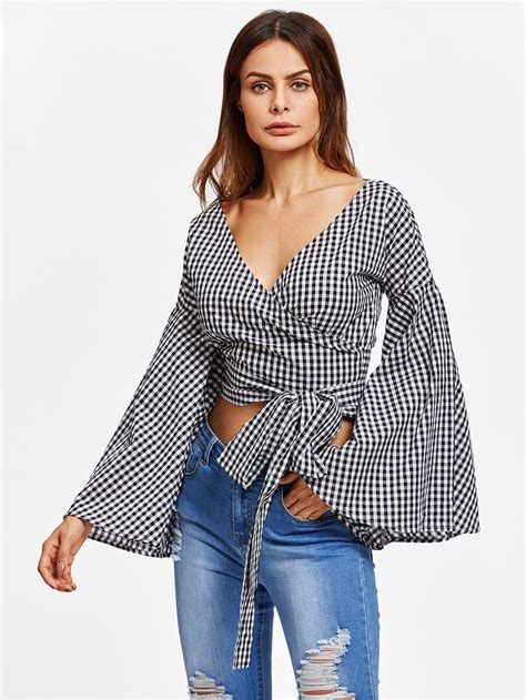 Shein Exaggerated Bell Sleeve Surplice Wrap Gingham Top Gingham Tops