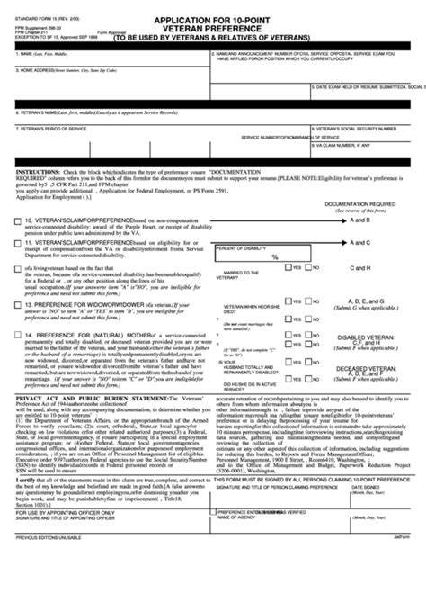 Standard Form 15 Application For 10 Point Veteran Preference Printable Pdf Download