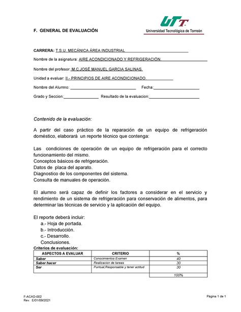 Examen Unidad 2 Aire Acondicionado Y Refrigeración F Acad Rev E0109 F General De