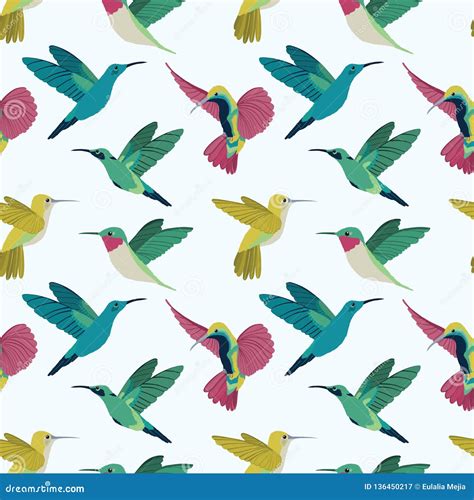 Vector Colorful Flying Hummingbirds Seamless Pattern On White