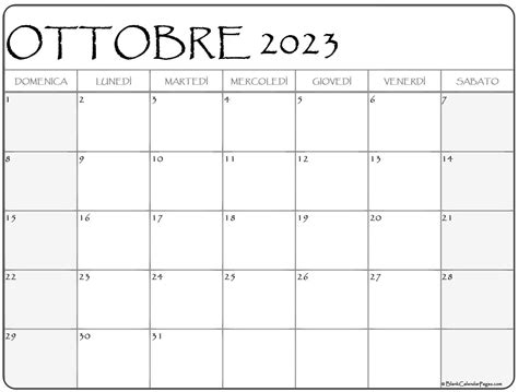 Calendario Ottobre