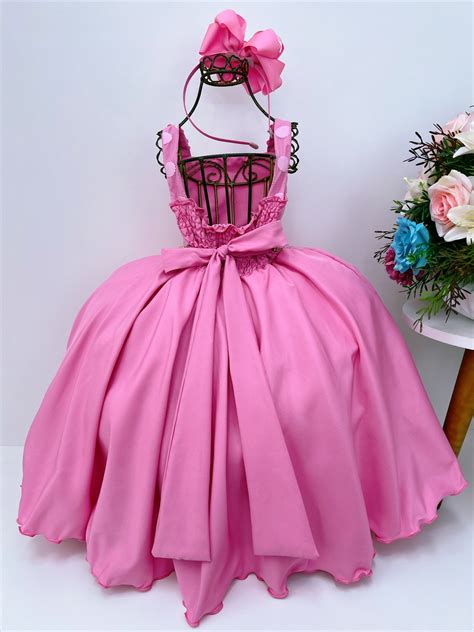 Vestido Infantil Rosa Chiclete Bolinhas Aplique Flores Strass Rosa