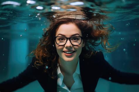 Sonriente Joven Mujer De Negocios Nadando Bajo El Agua Foto Premium