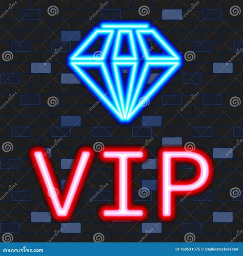 Vip Neon Icons Concept Glowing Neon Vip Sign With Diamond Isolated On The Dark Brick Wall