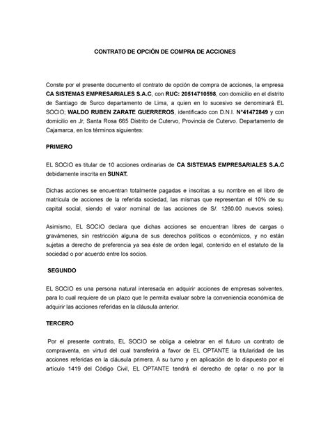 Modelo De Contrato De Opcion De Compra De Acciones Contrato