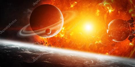 Exploding Sun In Space Close To Planet — Stock Photo © Sdecoret 114729148