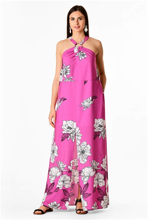 Shop Floral Print Crepe Halter Neck Maxi Dress Eshakti