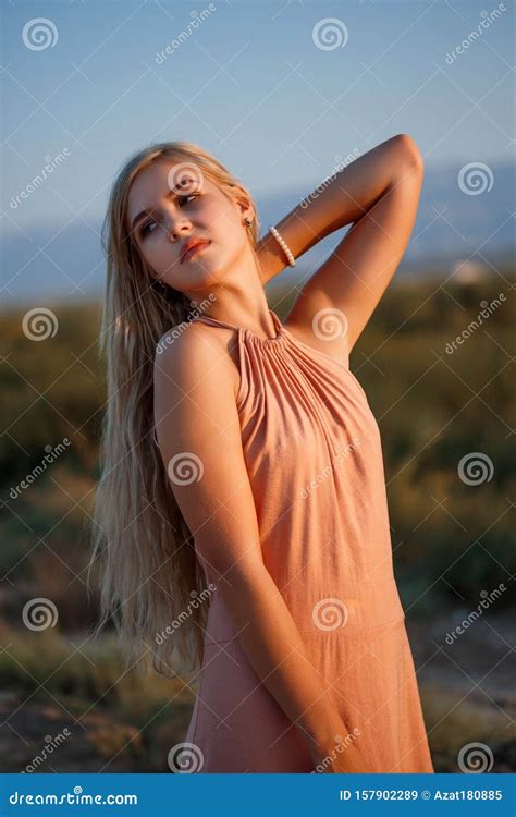 Portret Van Een Jonge Mooie Blanke Blonde Vrouw In Een Roze Jurk In Een