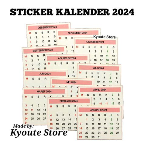 Jual 12 Pcs Sticker Mini Kalender Tahun 2024 Calendar Kyoute Stiker