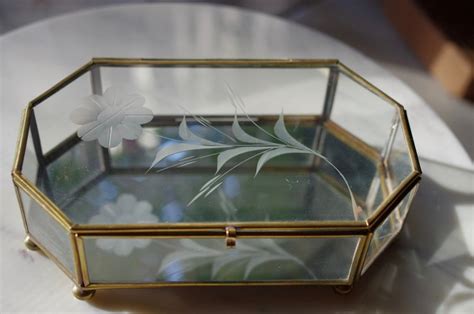 Vintage Etched Glass And Brass Jewelry Box Vintage Jewelry Etsy