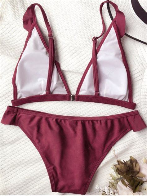 Off Plunging Neck Ruffles Bikini Set In Burgundy Zaful