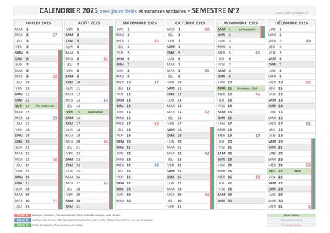 Calendrier semestriel 2025 à consulter télécharger en pdf et imprimer