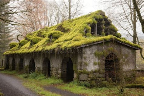 Stone Barn With Moss Covered Roof And Surrounding Trees Stock