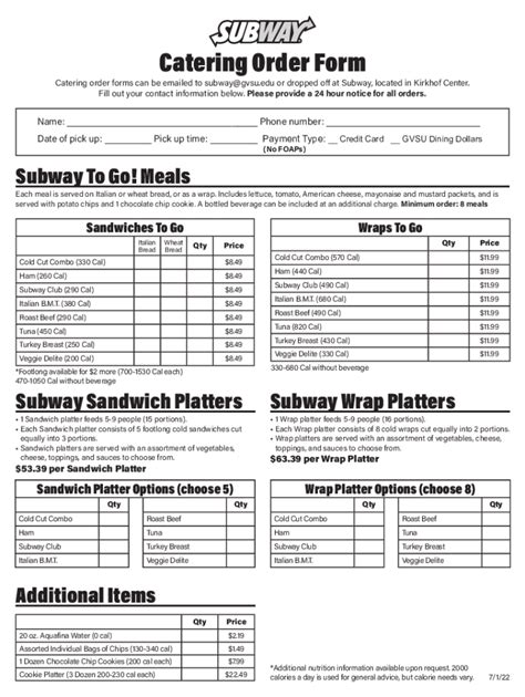 Fillable Online Subway Order Form Fill Out And Sign Printable Pdf