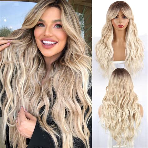 Amazon Leosa Platinum Blonde Wavy Wig With Curtain Bangs For