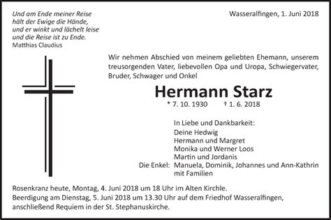 Traueranzeigen Von Hermann Starz OstalbTrauer