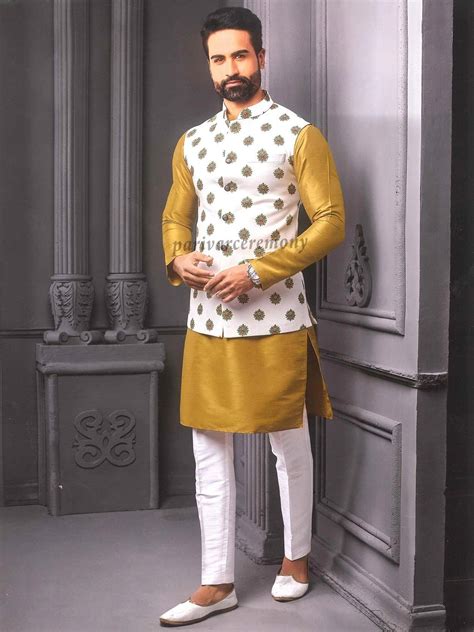 Silk Kurta Pajama With Modi Jacket Nehru Jacket With Kurta Pajama Wedding Dress For Men Kurta