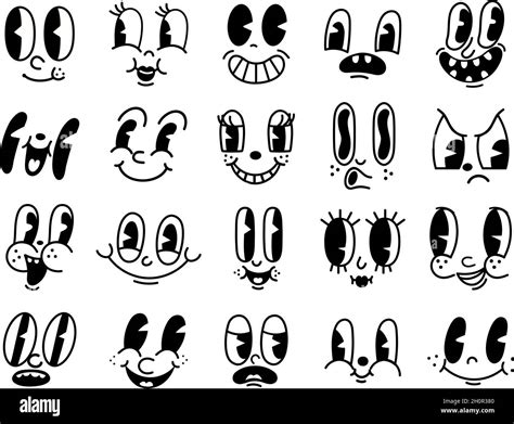 Retro 30s Cartoon Mascot Characters Funny Faces 50s 60s Old Animation Eyes And Mouths Elements