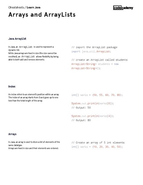 learn java arrays  array lists cheatsheet codecademy  java