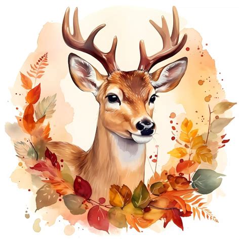 Premium Ai Image A Watercolor Painting Of A Deer Surrounded By Leaves