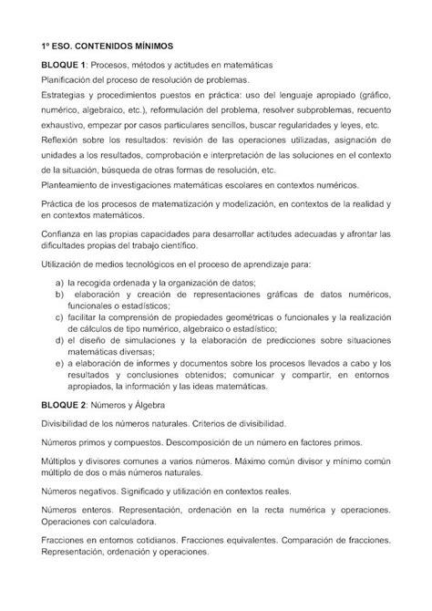 PDF 1º ESO CONTENIDOS MÍNIMOS BLOQUE 1 1º ESO CONTENIDOS