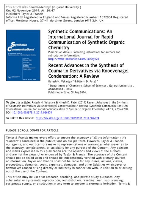 PDF ChemInform Abstract Recent Advances In The Synthesis Of Coumarin