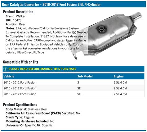 2010 2012 Ford Fusion Catalytic Converter Walker 16473 Rear