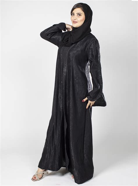 Al Khansaa Abay Black Crepe Crush Abaya With Beaded Lace Detailing On