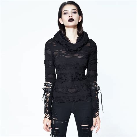 Steam Punk Women S Ripped T Shirt Gothic Long Sleeve Holes T Shirts