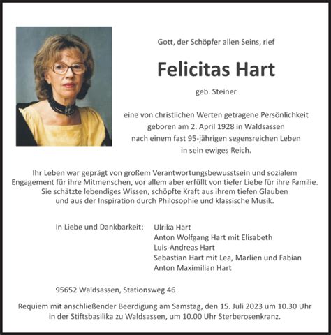 Traueranzeigen Von Felicitas Hart SZ Gedenken De