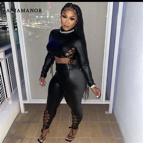 Anjamanor Pu Leather Pant Suits Sexy Club Outfits For Women Winter Clothing 2021 Black Long