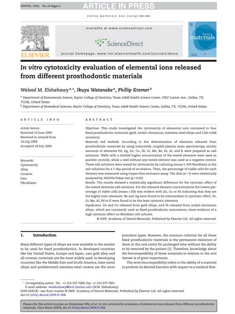 Pdf In Vitro Cytotoxicity Evaluation Of Elemental Ions Released From