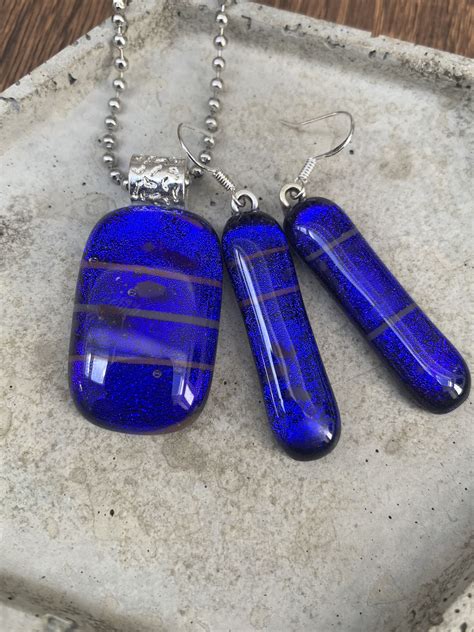 Blue Fused Glass Dichroic Pendant Necklace And Earrings Set Etsy