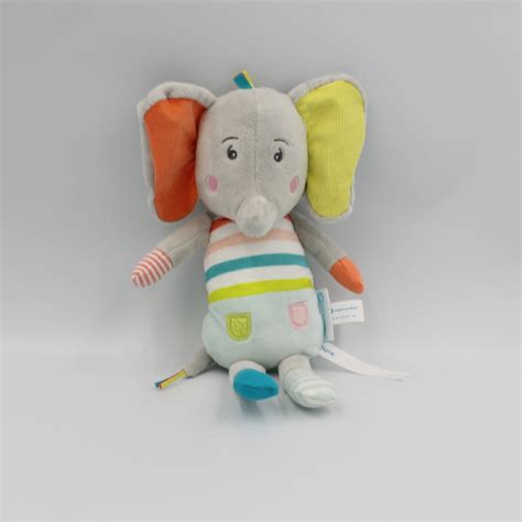 Doudou éléphant gris jaune orange vert bleu BEBE CONFORT