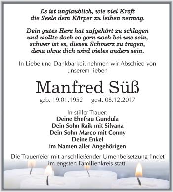 Traueranzeigen von Manfred Süß abschied nehmen de