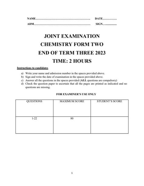 Form Chemistry End Of Term Examination With Marking Schemes